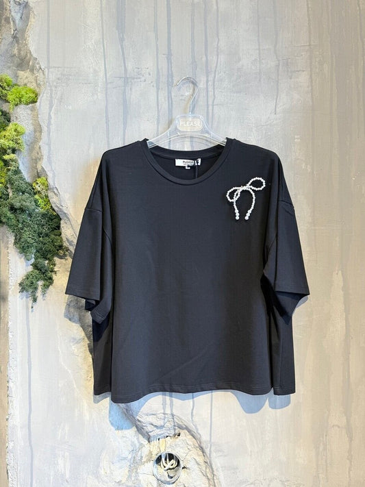 PEARL BOW T-SHIRT BLACK - Vesta Donna