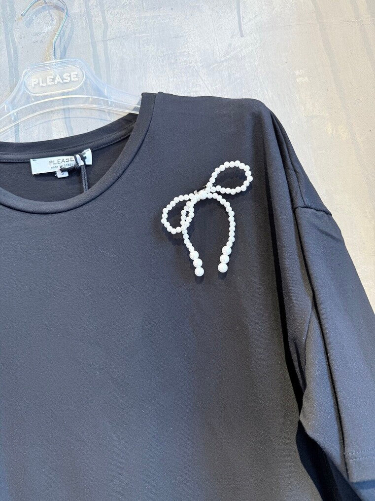PEARL BOW T-SHIRT BLACK - Vesta Donna