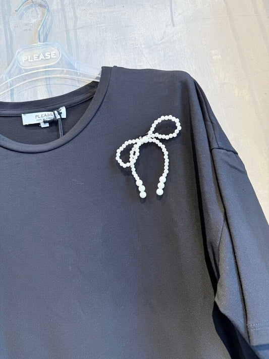 PEARL BOW T-SHIRT BLACK - Vesta Donna
