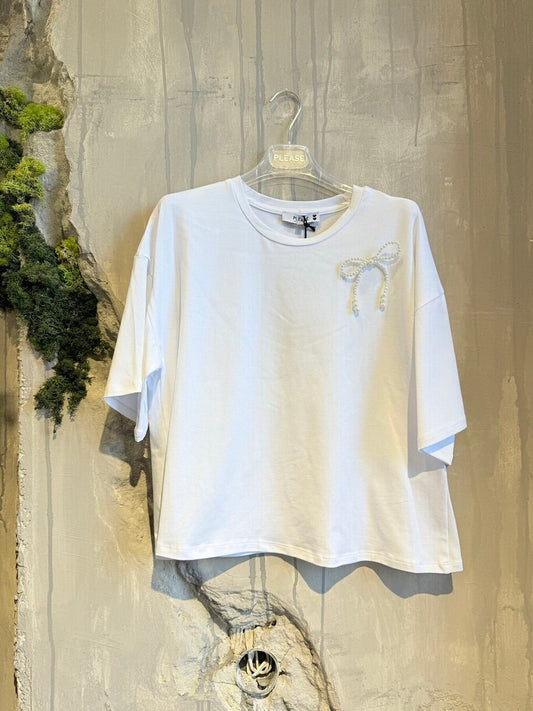 PEARL BOW T-SHIRT WHITE - Vesta Donna