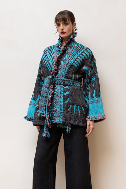 JACQUARD FRINGE CARDIGAN