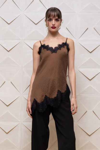JAYLA LACE TRIM TOP BROWN