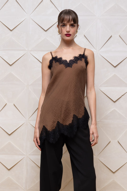  JAYLA LACE TRIM TOP BROWN - Vesta Donna 