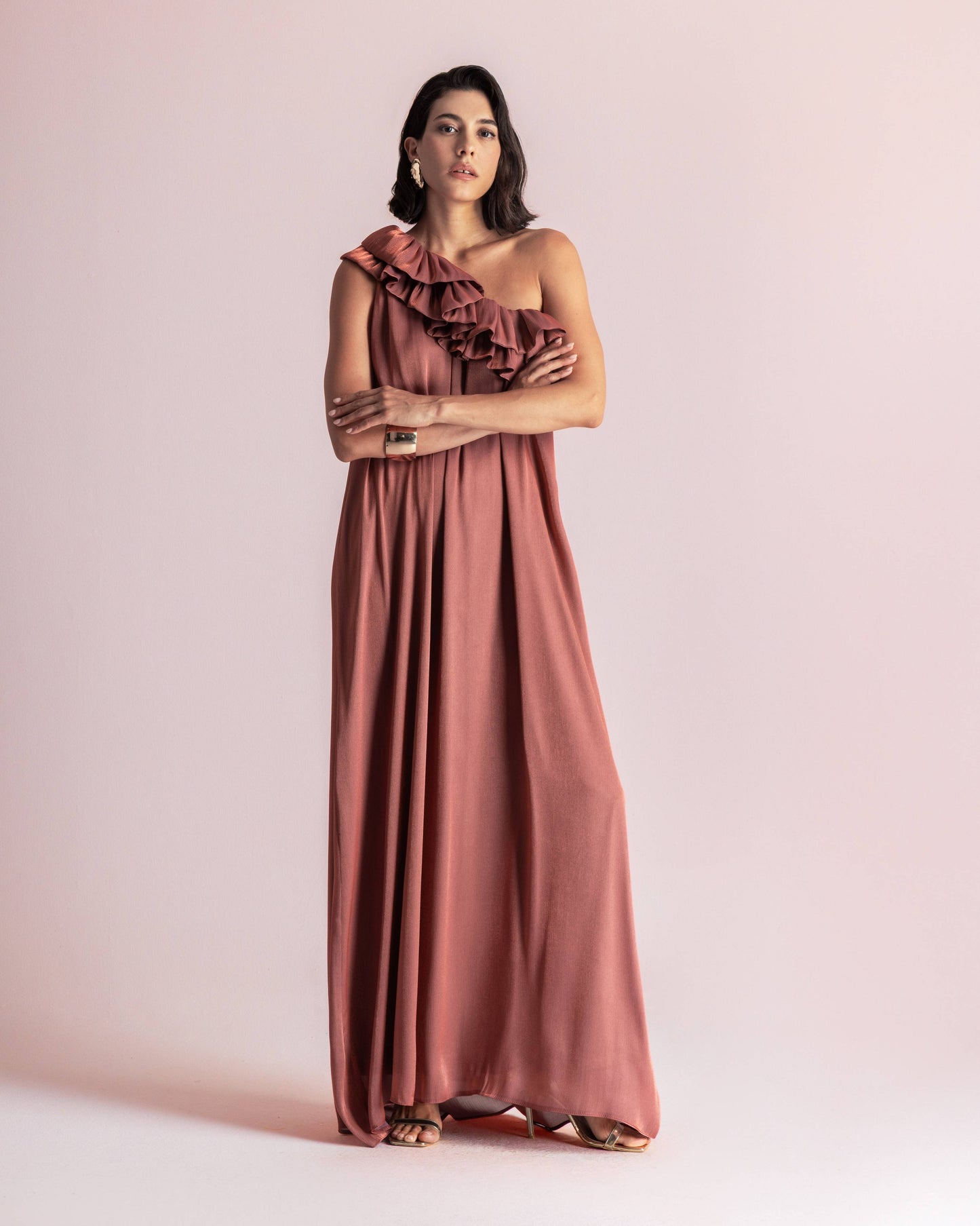 CHLOE ONE SHOULDER DRESS BRICK