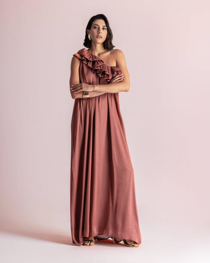 CHLOE ONE SHOULDER DRESS BRICK