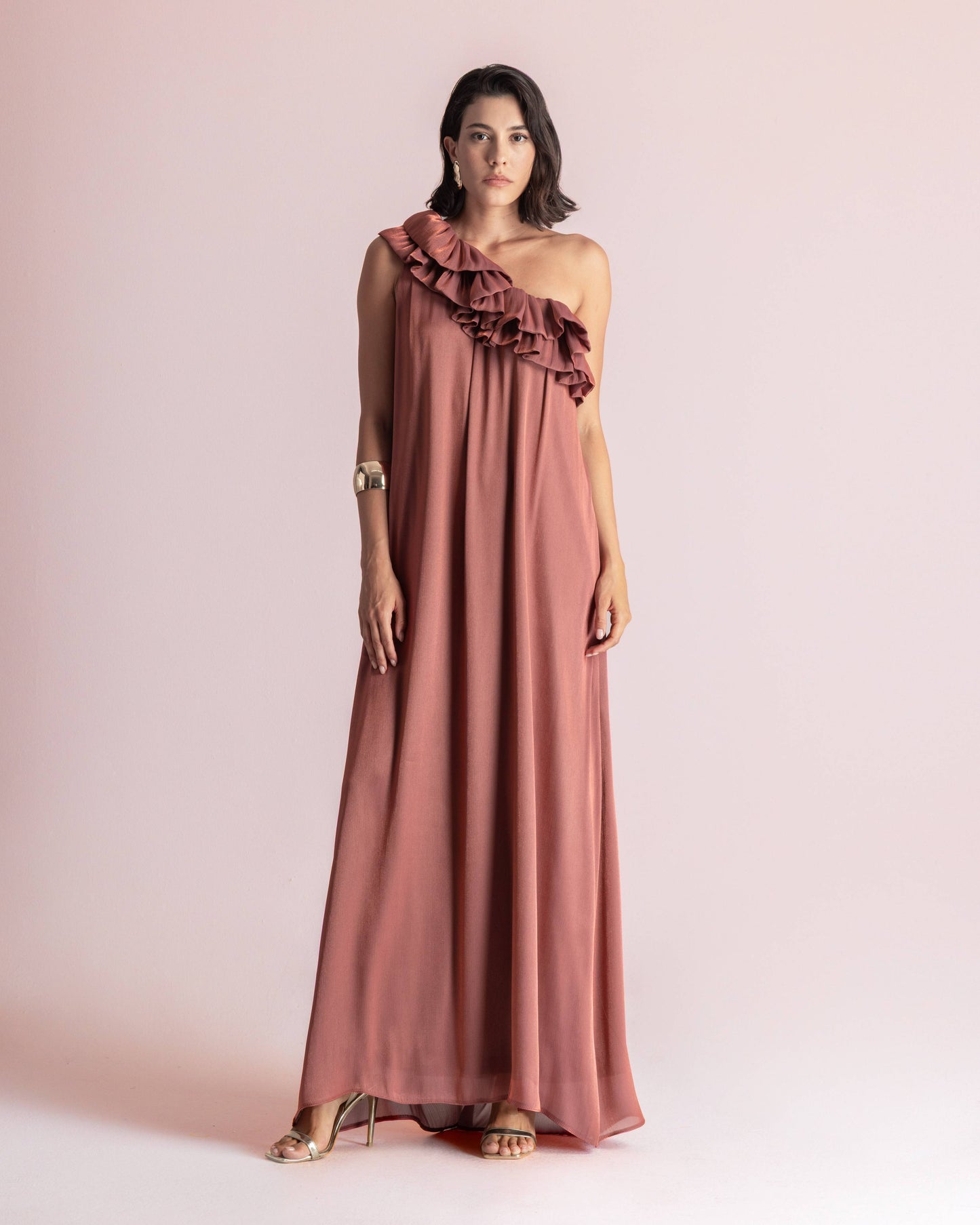 CHLOE ONE SHOULDER DRESS BRICK