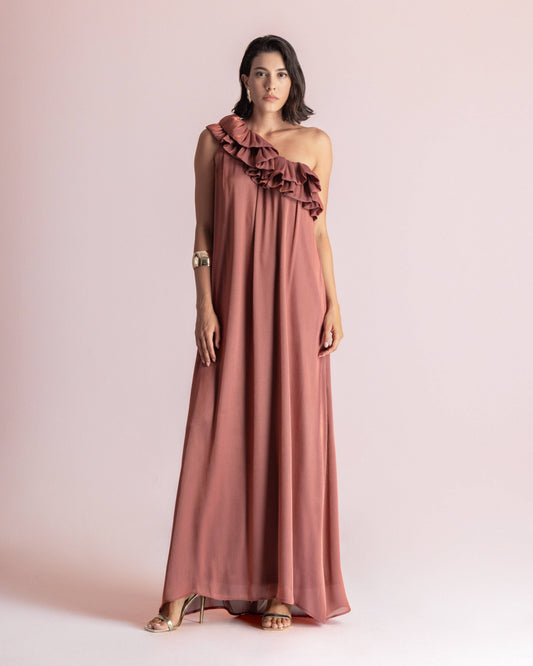 CHLOE ONE SHOULDER DRESS BRICK
