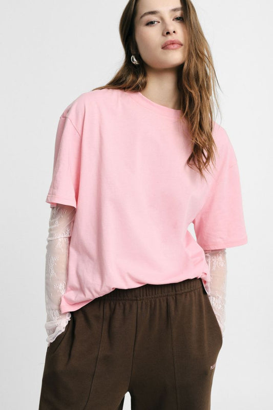 LACE SLEEVES T-SHIRT PINK