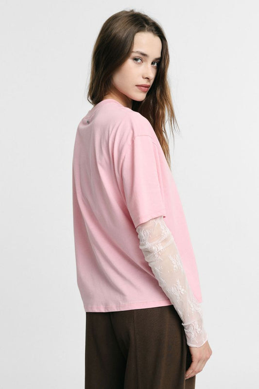LACE SLEEVES T-SHIRT PINK